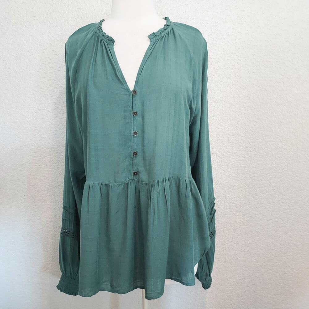 Knox Rose Teal Green Long Sleeve Peasant Tunic Blouse Size L